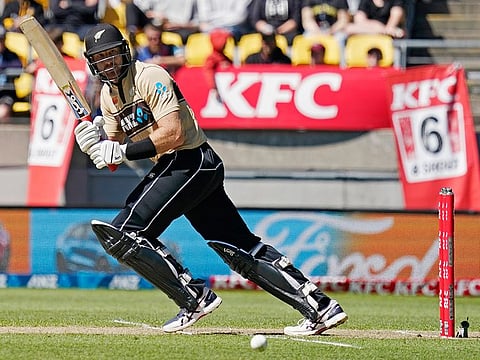New Zealand's Martin Guptill bats against Australia during their 5th T20 match at Wellington Regional Stadium in Wellington, on March 7 , 2021.
