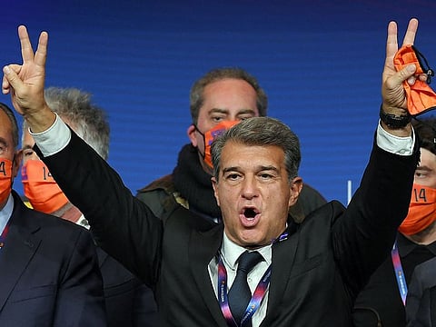 Spanish lawyer Joan Laporta celebrates his victory at the auditorium of the Camp Nou complex after winning the election for the FC Barcelona presidency on March 7, 2021 in Barcelona.