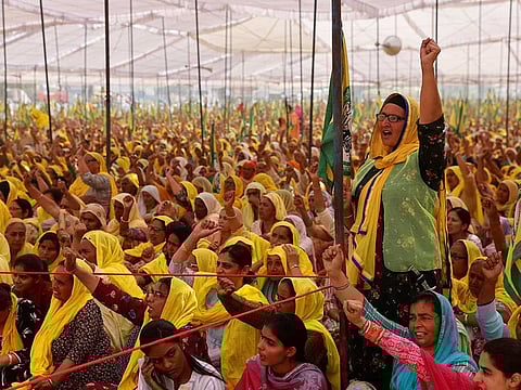 Women farmers attend a protest against farm laws on the occassion of International Women's Day at Bahadurgar near Haryana-Delhi border, India, March 8, 2021.