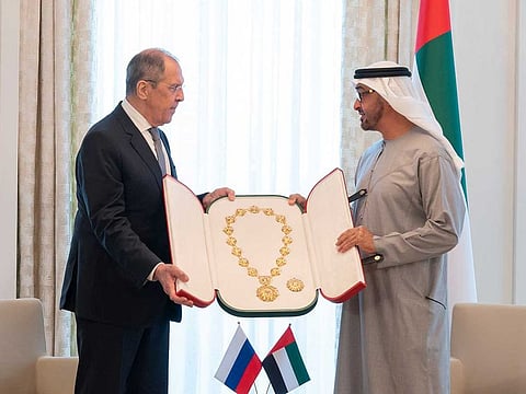 Sheikh Mohamed awarded the UAE’s Order of the Union to Russian Foreign Minister Sergey Lavrov during his meeting in Abu Dhabi.