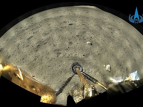 This Dec. 2, 2020 image taken by panoramic camera aboard the lander-ascender combination of Chang'e-5 spacecraft provided by China National Space Administration shows moon's surface