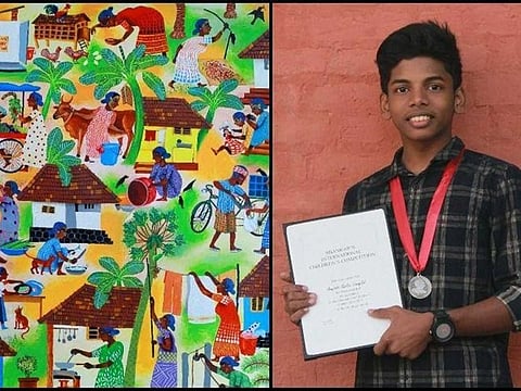 16-year-old Anujath Vinaylal with the picture that has brought him acclaim - a painting of the tasks done by his mother during the day.