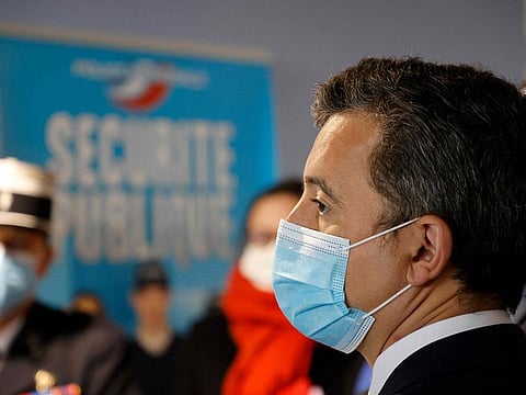 French Interior Minister Gerald Darmanin looks on as he visits a police station in Beauvais, north of Paris, on March 5, 2021.
