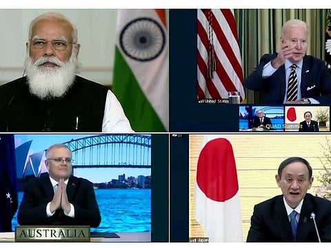 Indian Prime Minister Narendra Modi takes part in the First Quad Leaders’ Virtual Summit with US President Joe Biden, Australian PM Scott Morrison and Japanese PM Suga, in New Delhi on Friday, March 12, 2021.