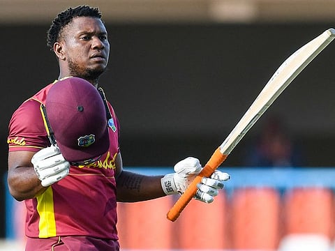 Evin Lewis of West Indies celebrates his century during the 2nd ODI match vs Sri Lanka at Vivian Richards Cricket Stadium in North Sound, Antigua and Barbuda, on March 12, 2021.