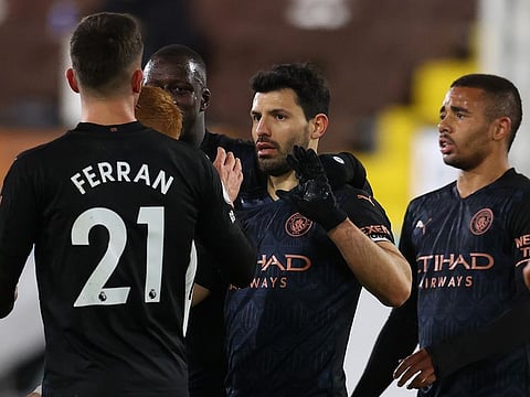 Man City's Sergio Aguero celebrates his first league goal in 14 months against Fulham.