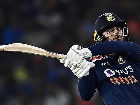 India’s Ishan Kishan plays a pull shot during the second Twenty20 international cricket match against England at the Narendra Modi Stadium in Ahmedabad on March 14, 2021.