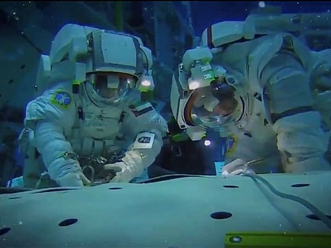 UAE astronaut Sultan AlNeyadi along with NASA Flight Engineer Stephen Bowen during his historic spacewalk on Friday.
