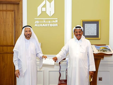 Prominent Emirati businessman and philanthropist Khalaf Ahmad Al Habtoor handing over the cheque to Dr Abdulla Al Khayat, CEO Al Jalila Children’s Specialty Hospital in Dubai.