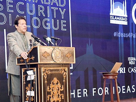 Pakistan Prime Minister Imran Khan addressing the Islamabad Security Dialogue on March 17, 2021.
