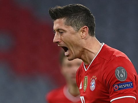 Bayern Munich's Polish forward Robert Lewandowski celebrates scoring the opening goal.