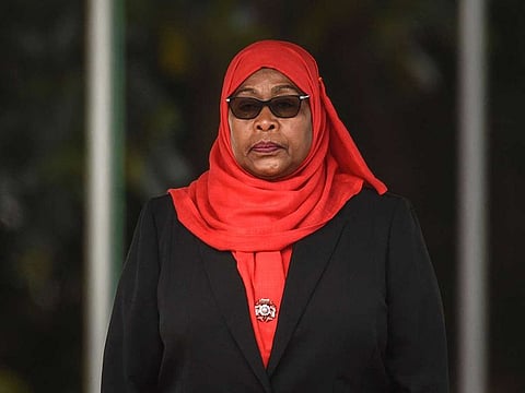 New Tanzanian President Samia Suluhu Hassan, inspects a military parade following her swearing in as the country's first female President after the sudden death of President John Magufuli at statehouse in Dar es Salaam, Tanzania on March 19, 2021.