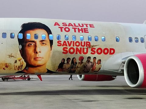 Sonu Sood image on a SpiceJet aircraft