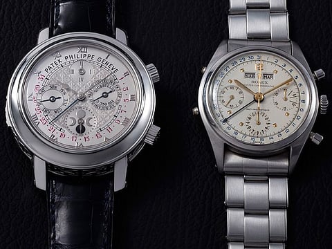 Among the timepieces going under the hammer are the Patek Philippe Sky Moon Tourbillon, an extremely rare platinum double-dialled wristwatch with 12 complications, circa 2004, and Rolex Ref. 6036 Dato Compax, a rare steel triple calendar chronograph wristwatch, circa 1952.