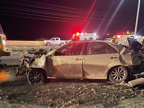 Five ambulance teams from the Red Crescent attended the scene of the accident in which three were killed and two seriously hurt.