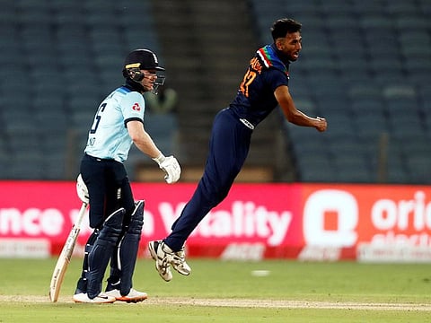 Prasidh Krishna, Indian paceman who claimed four for 54 in his international debut in the first ODI, jubilates after one of his wickets on Tuesday.