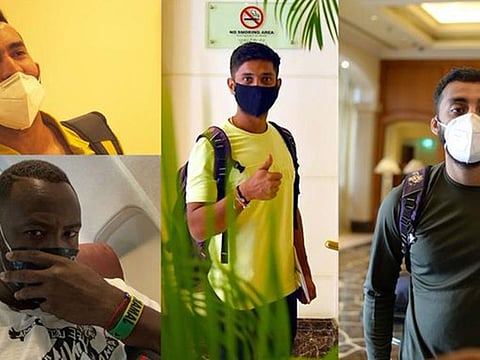 Quarantine times: (clockwise) Kolkata Knight Riders' Dinesh Karthik, Rahul Tripathi, Varun Chakravarthy, Andre Russell have started their manadatory seven-day quarantine before entering the team bubble in a Mumbai hotel for IPL 2021.
