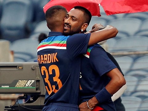 Krunal Pandya (right) breaks down in the arms of younger brother Hardik in memory of their departed father in January.