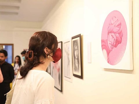 Pictures on display at an art exhibition at the newly established Sambara Art Gallery in Karachi, Wednesday, March 24, 2021.