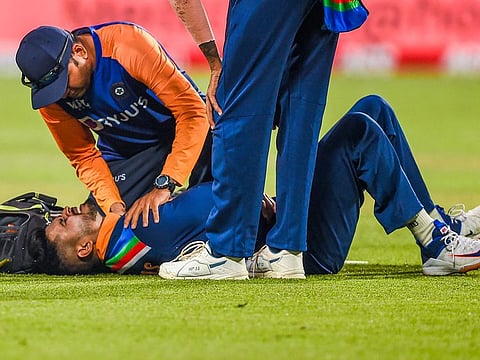 Shreyas Iyer winces in pain after injuring his left shoulder during the first One-day International against England in Pune last month.