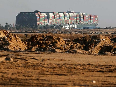 Stranded container ship Ever Given, one of the world's largest container ships, is seen after it ran aground, in Suez Canal, Egypt March 26, 2021.