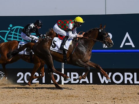 Deryan, ridden by jockey Loritz Mendizabal and trained by Didier Guillemin wins the Dubai Kahayla Classic race of 25th Dubai World Cup at Meydan racecourse on Saturday 27 March 2021.