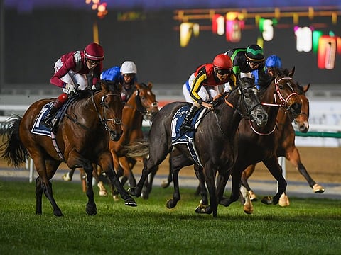 Mishriff, ridden by jockey David Egan and trained by John Gosden, wins the Longines Dubai Sheema Classic race of the 25th Dubai World Cup at Meydan racecourse on Saturday 27 March 2021.