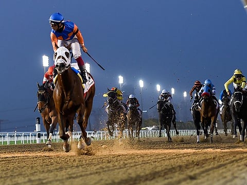 Zenden, ridden by jockey Antonio Fresu and trained by Carlos David wins the Dubai Golden Shaheen race sponsored by Gulf News on 25th Dubai World Cup at Meydan racecourse on Saturday 27 March 2021.