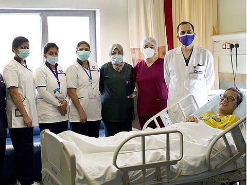 Patient Rey Milo Guevara Orense with Dr Hyder Matouk and the ICU team at the Canadian Specialist Hospital, Dubai.