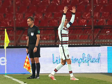 Cristiano Ronaldo reacts during Serbia v Portugal.