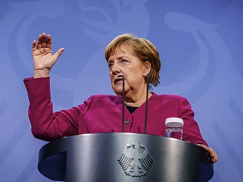 German Chancellor Angela Merkel gives a statement after video conference of EU leaders at the Chancellery in Berlin, Germany, March 25, 2021.