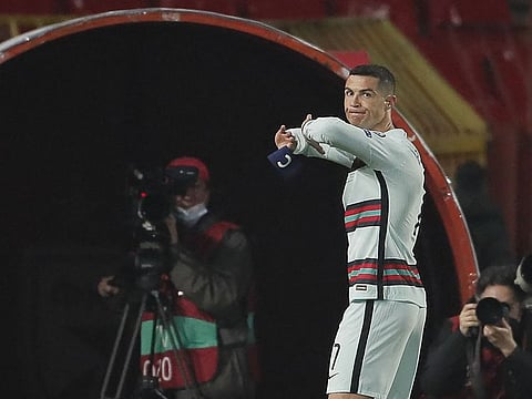 Cristiano Ronaldo throws captain's armband during Fifa World Cup 2022 qualifier between Portugal and Serbia.