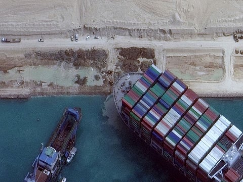 This satellite imagery released by Maxar Technologies shows the MV Ever Given container ship in the Suez Canal on the morning of March 28, 2021.