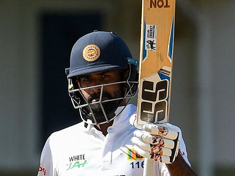 Sri Lanka's Lahiru Thirimanne on reaching his fighting half-century on the second day of second Test on Tuesday.