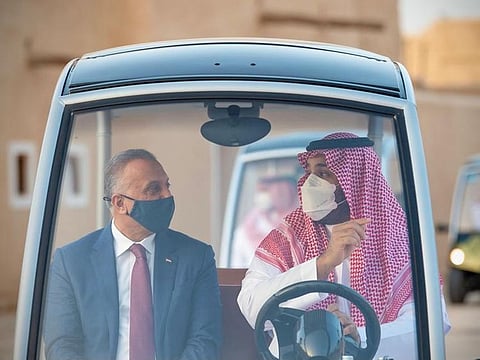Saudi Arabia’s Crown Prince Mohammed bin Salman and Iraqi Prime Minister Mustafa Al-Kadhimi, visit the historical city Ad Diriyah on the outskirts of Riyadh, Saudi Arabia March 31, 2021.