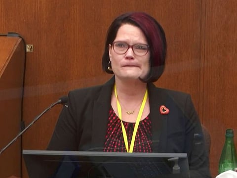 Witness Courteney Ross answers questions as Hennepin County Judge Peter Cahill presides Thursday, April 1, 2021, in the trial of former Minneapolis police Officer Derek Chauvin