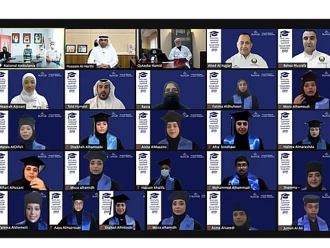 Delegates attend the virtual graduation ceremony of National Ambulance and the University of Sharjah (UOS) on Tuesday celebrated the graduation of 33 Emirati students from the third batch of the Emirati Emergency Medical Technician Programme.