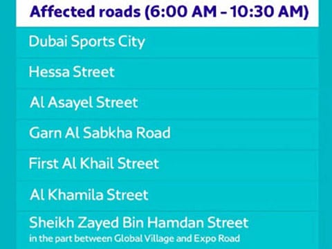 Some roads in Dubai will be closed on Friday, April 2 for a cycling event.