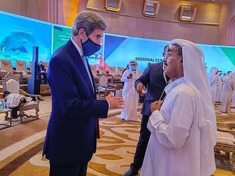 UAE Minister of Climate Change and Environment Dr Abdullah Belhaif Al Nuaimi with John Kerry, US Special Presidential Envoy for Climate during the first ‘UAE Regional Climate Dialogue’ on Sunday in Abu Dhabi.