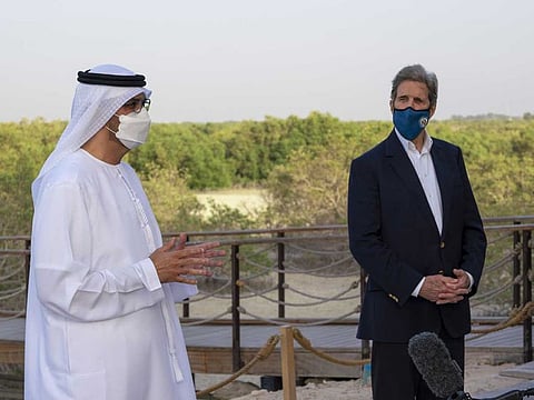 Dr Sultan Ahmed Al Jaber and U.S. Special Envoy for Climate John Kerry during their visit to Jubail Mangrove Park in Abu Dhabi. Kerry visited Abu Dhabi to participate in the UAE Regional Dialogue for Climate Action.