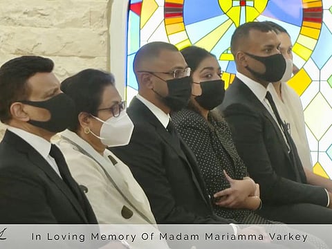 Sunny Varkey and family members attend the funeral service of Mariamma Varkey in Dubai on Monday.