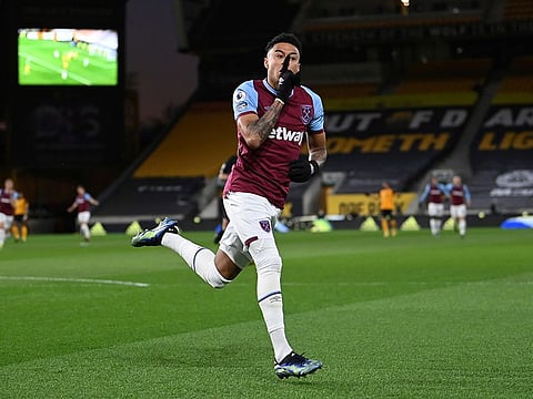 West Ham United's Jesse Lingard celebrates scoring their first goal.