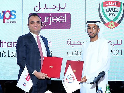Dr Shajir Gaffar, CEO, VPS Healthcare, and Mohammed Hazzam Al Dhaheri, General Secretary, UAEFA, at the partnership signing ceremony in Dubai