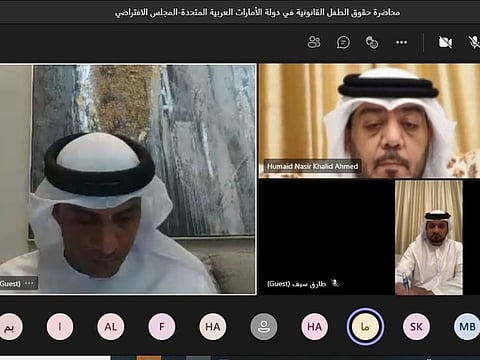 Prosecutor Hassan Saleh al Dhaferi (left) with Tarik Saif (bottom right) from Dubai Public Prosecution during the virtual session..