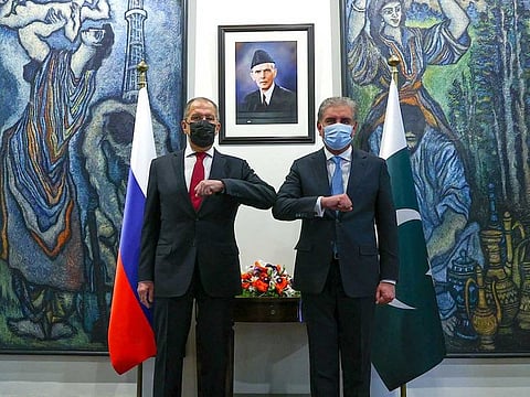 Pakistan foreign minister Shah Mahmood Qureshi with his Russian counterpart Sergey Lavrov in Islamabad on Wednesday, April 7, 2021.