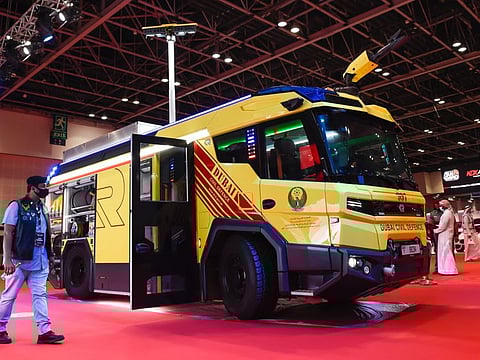 Region's first electric fire engine launched by Dubai Civil Defence at Dubai World Trade Center.