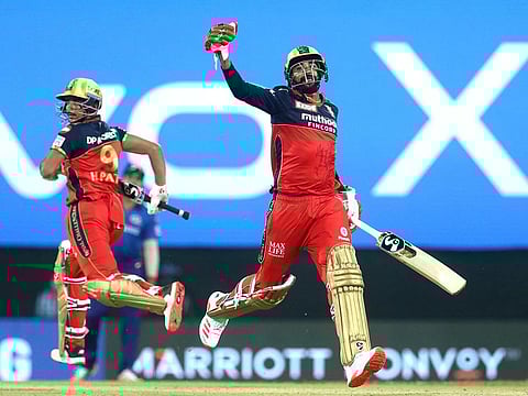 Mohammed Siraj of Royal Challengers Bangalore and Harshal Patel of Royal Challengers Bangalore celebrates after winning the match.