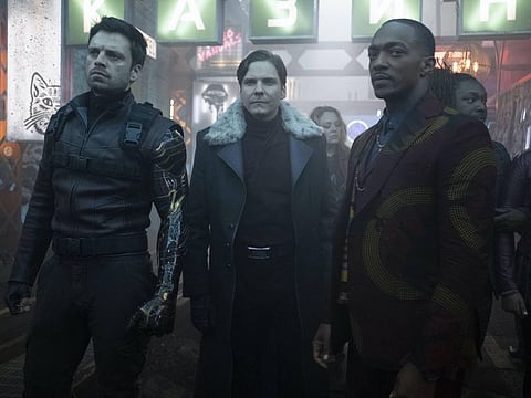 (L-R): Winter Soldier/Bucky Barnes (Sebastian Stan), Zemo (Daniel Brühl) and Falcon/Sam Wilson (Anthony Mackie) in Marvel Studios' The Falcon and the Winter Soldier