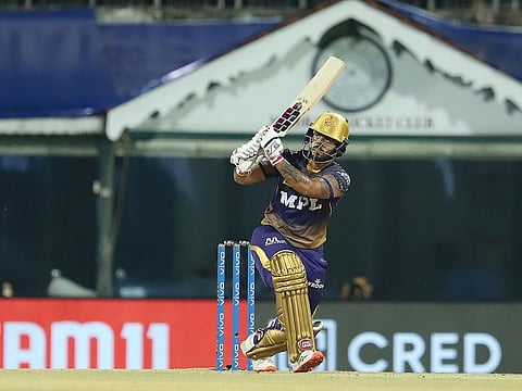 Nitish Rana of Kolkata Knight Riders in full flow during his innings of 80 against Sunrisers Hyderabad.