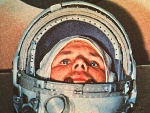 Soviet cosmonaut Yuri Alexeyevich Gagarin in the Vostok 1 command capsule.
